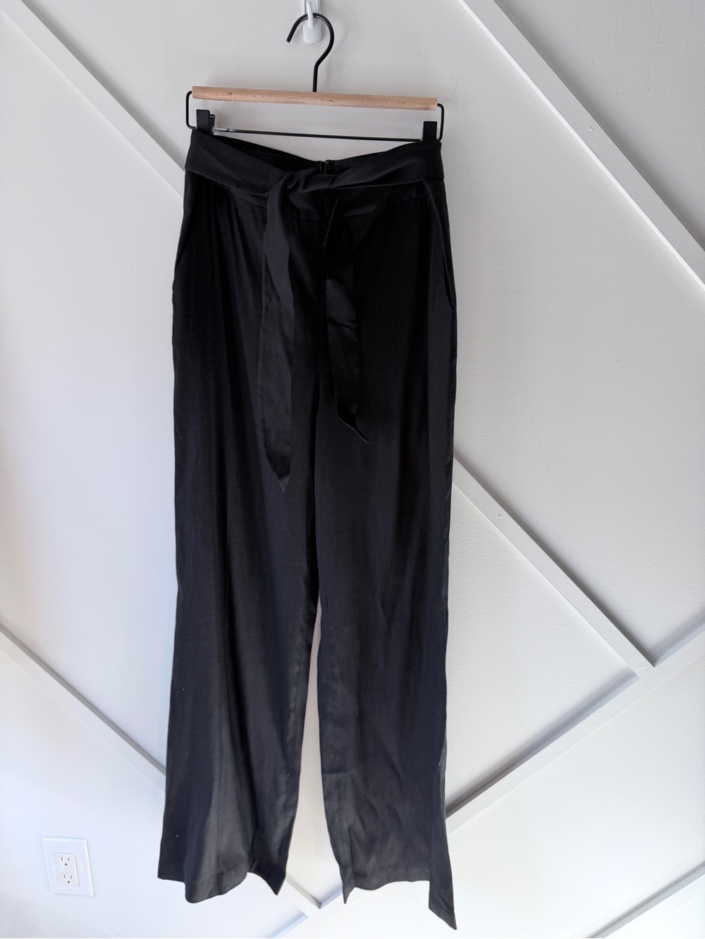 Veronica Beard Linen Blend High Waist Wide Leg Pants Black Tie Sash Waist Size 6